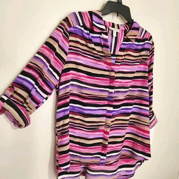 DANA BUCHMAN Top Roll Tab Sleeve Striped Size XL Hide Buttons - Picture 5 of 12